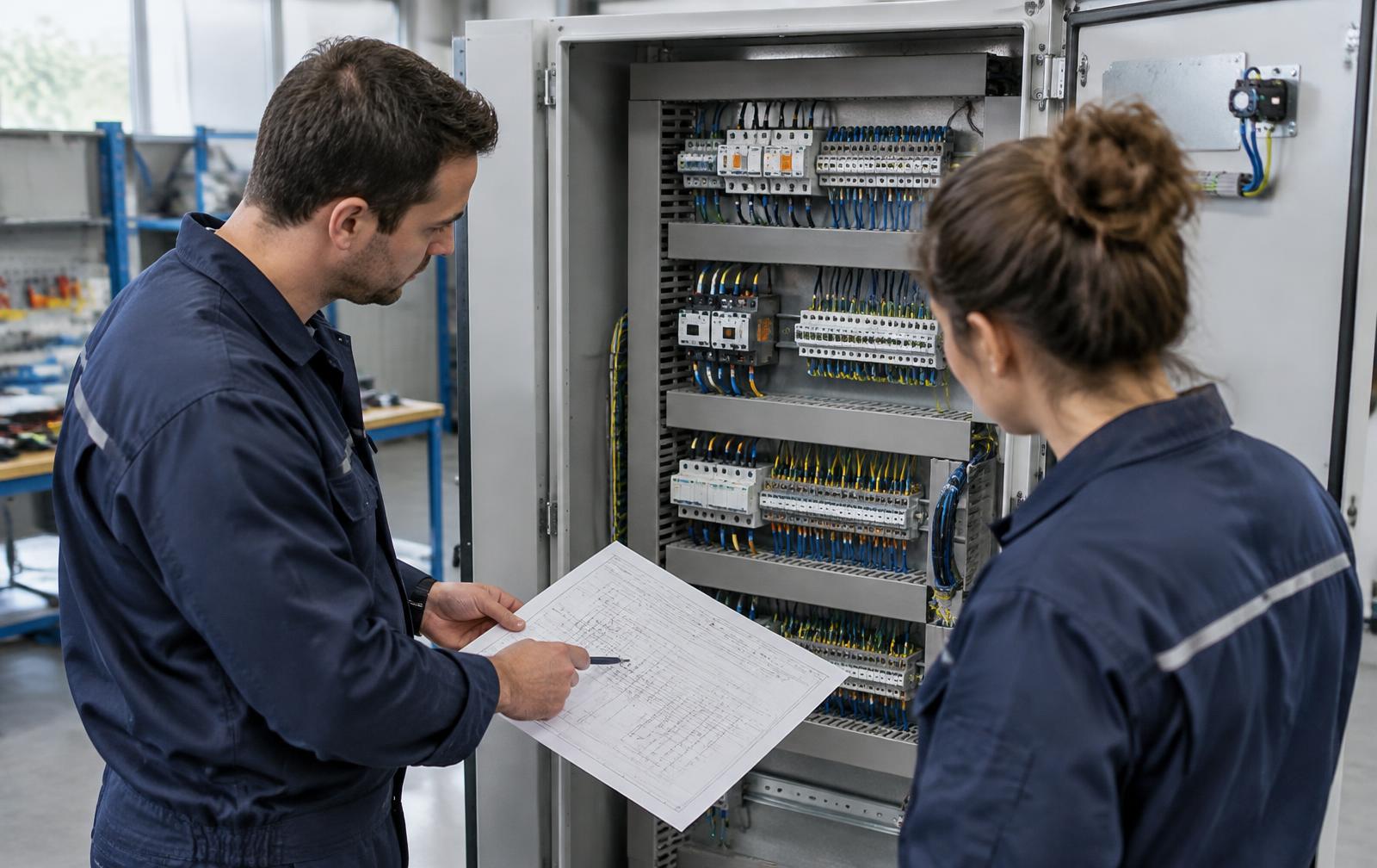 Zwei technische Fachkräfte besprechen die Verdrahtung eines Schaltschranks
