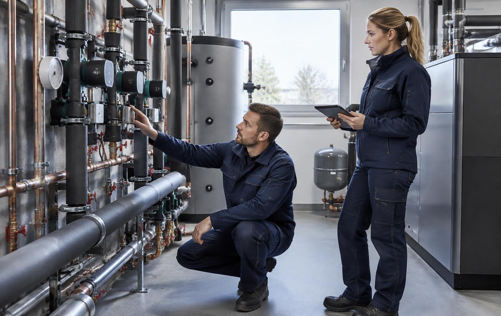 SHK-Fachkraft prüft eine Heizungsinstallation im Technikraum