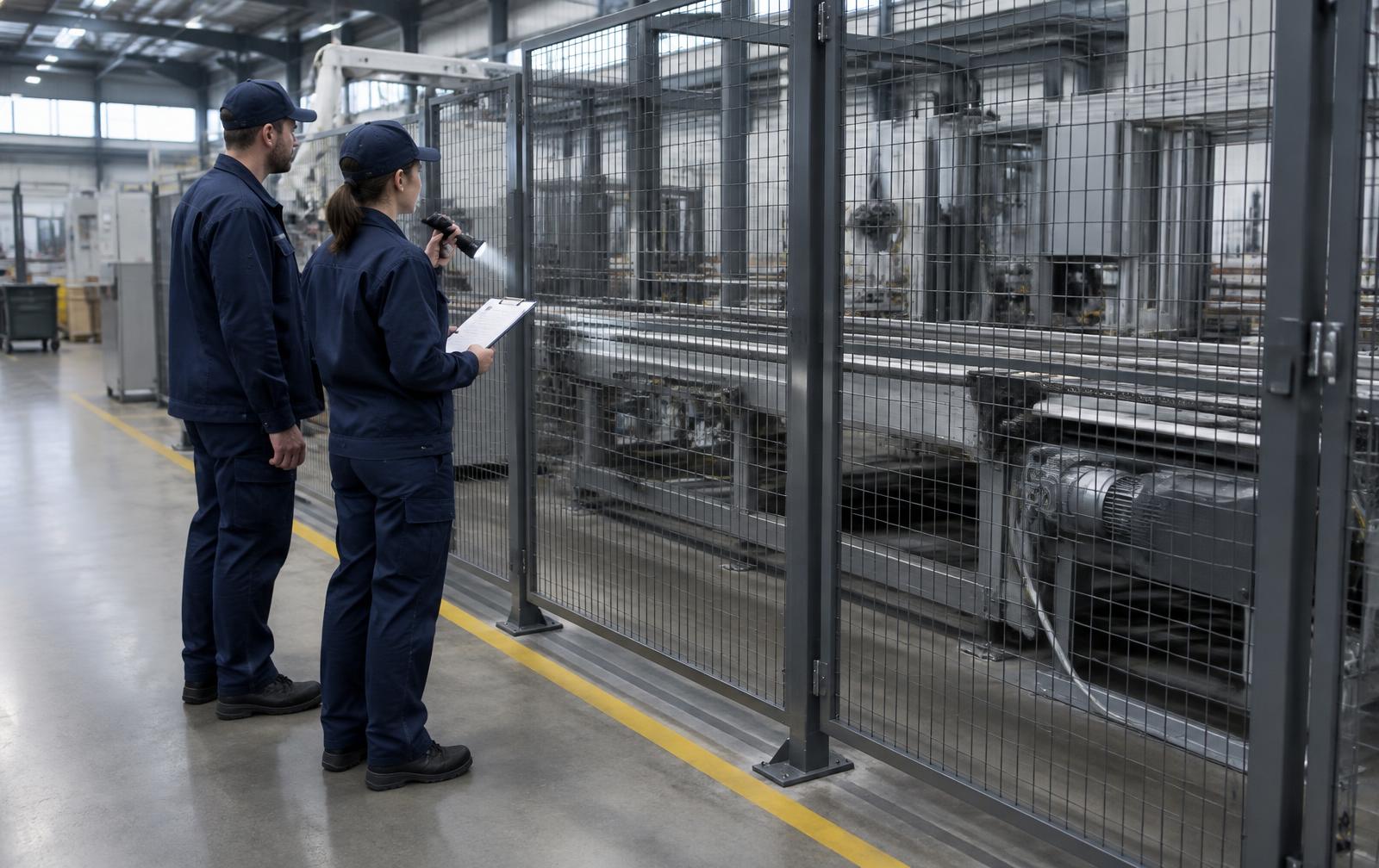 Zwei Instandhaltungsfachkräfte prüfen eine stillstehende Produktionsanlage